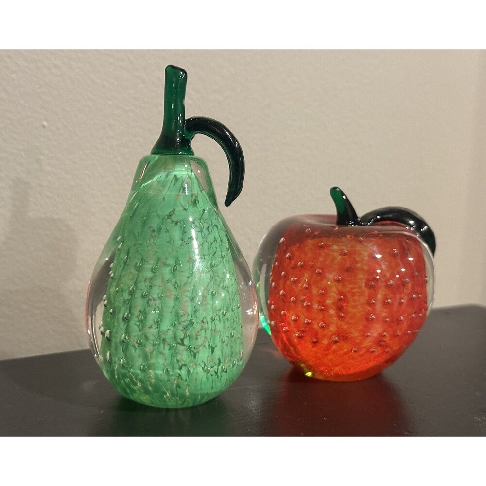 Vintage Lenox Controlled Bubble Green Pear & Red Apple Glass Paperweights